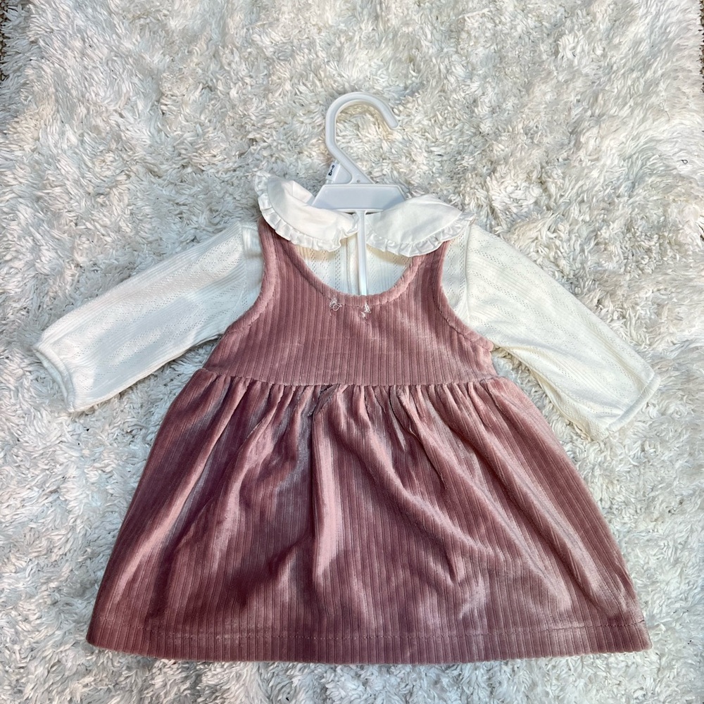 0-3 Month Tahari Pink and White Baby Dress with Long Sleeves